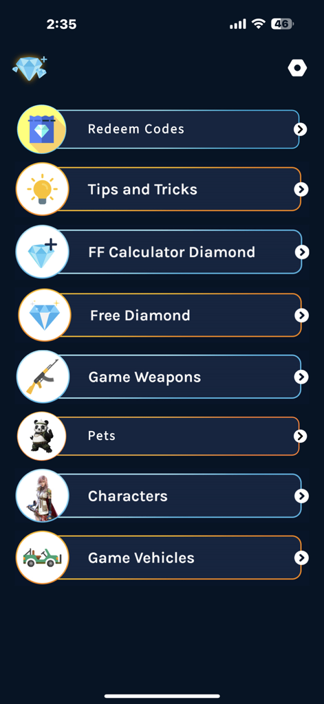 FFF Max Diamond - Main menu of the FFF Max Diamond app featuring guide options for weapons, characters, and diamond tools