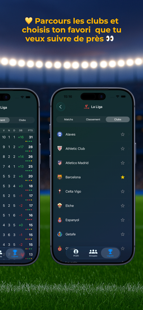 Screenshot der Go Football Prono App, der eine Liste der La Liga-Vereine zeigt, darunter Barcelona und Atletico Madrid, mit der Option, Favoriten auszuwählen.