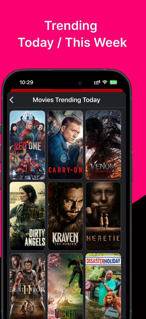 Binge Me - A smartphone display showing a grid of trending movies with posters in the Binge Me app.