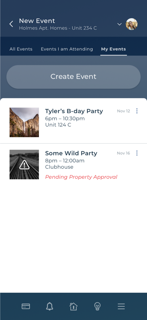 Greystar Resident App - The community events screen of the Greystar Resident App showing a list of social events and a button to create a new event