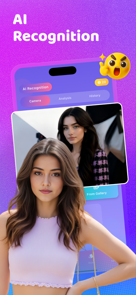 Veemo - Enjoy Life - Interfaz de la aplicación Veemo que muestra la función de reconocimiento de estilo IA con un retrato de una mujer.