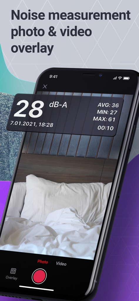 Smartphone screen showing noise measurement data overlaid on a photo of a bedroom using the Decibel app.