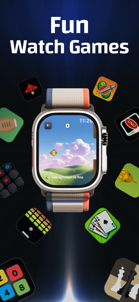WatchQアプリがApple Watchで様々なゲームを表示している様子