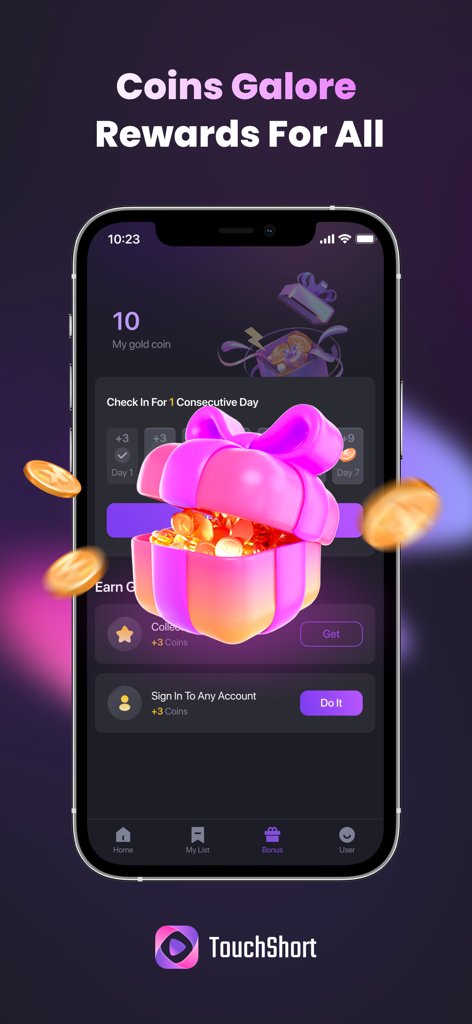 TouchShort-TV - TouchShort-TV app screen showing daily rewards and a gift box filled with coins