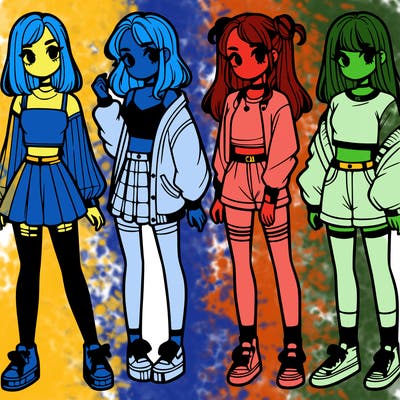 one girl with crop-top shirt and a jacket with a skirt, long socks and another girl with a shirt and pants with a jacket