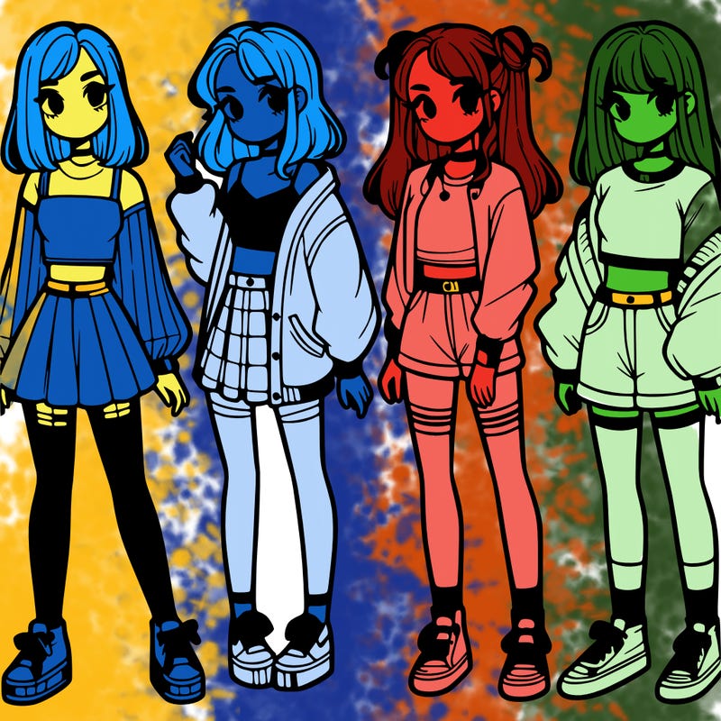 one girl with crop-top shirt and a jacket with a skirt, long socks and another girl with a shirt and pants with a jacket