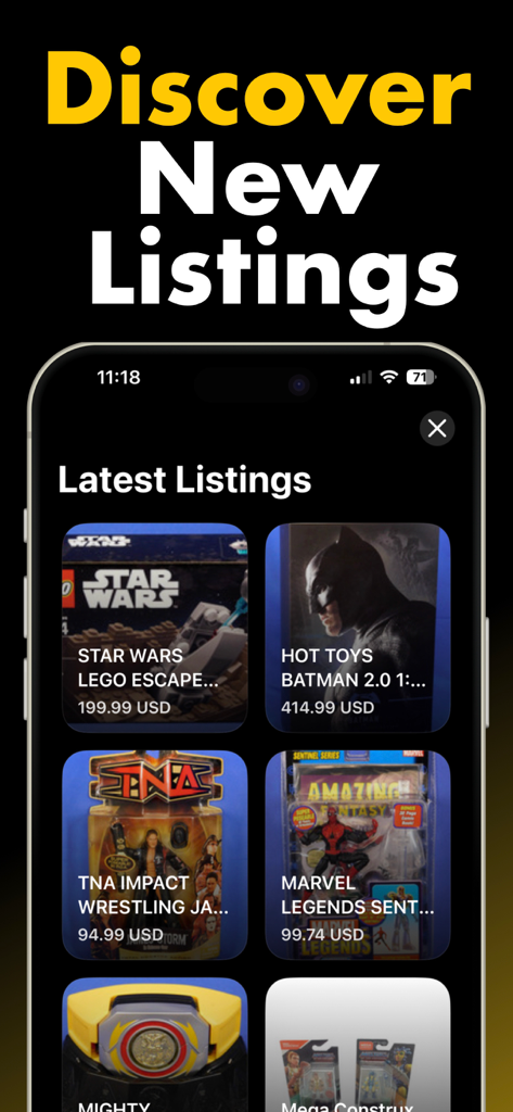Toyzie AI: Toy Value Scanner - App screen showing the latest toy listings for Star Wars LEGO and Batman with market prices