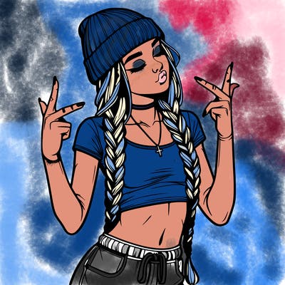 realistic teenage girl with braids and a beanie and crop top doing 🫶🏼