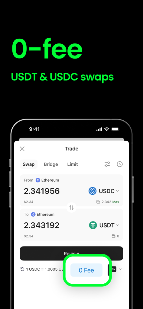 OneKey app interface showing a zero fee swap between USDC and USDT stablecoins on the Ethereum network