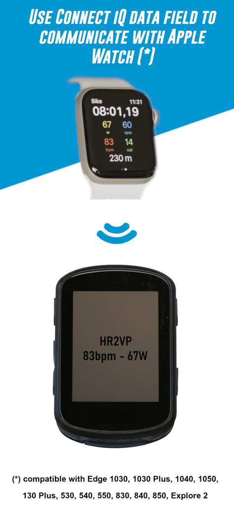 HR2VP Bike Training & Tracker - Apple Watch connecting to Garmin bike computer showing heart rate and power data