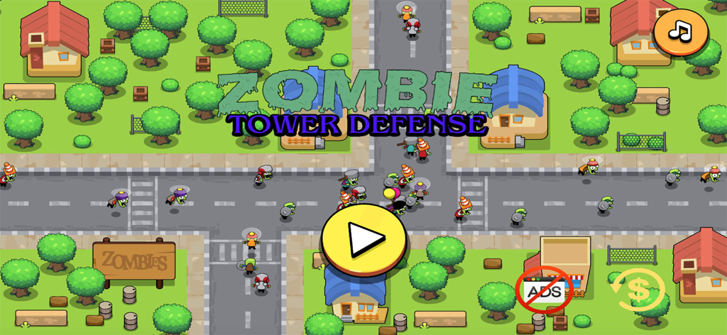 Zombie Tower Defense Game - Main menu of Zombie Tower Defense game featuring cartoon zombies and a play button