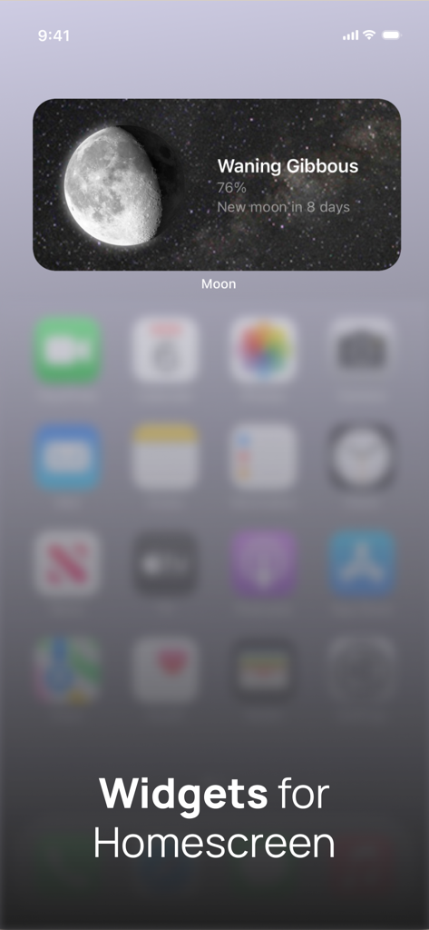 Pantalla de inicio de iPhone con un widget de fase lunar que muestra una luna gibosa menguante