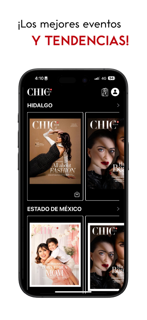 Chic Magazine ePaper - Chic Magazine ePaper app displaying premium fashion and social lifestyle magazine covers on a smartphone