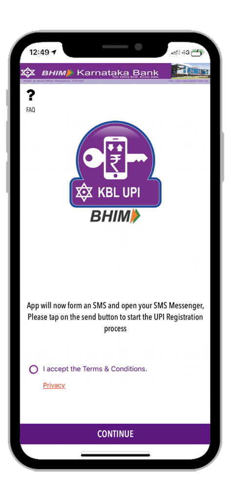 BHIM KBL UPI - Registration screen of the BHIM KBL UPI app showing the SMS verification prompt and terms and conditions acceptance.