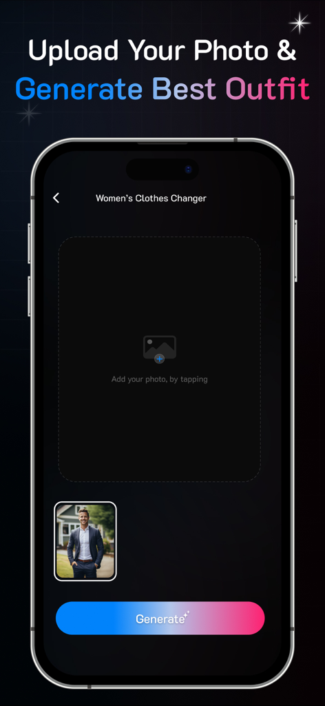 Clothes Changer: Try On Outfit - Pantalla de la aplicación AI Clothes Changer que muestra la interfaz para subir una foto y generar un atuendo.