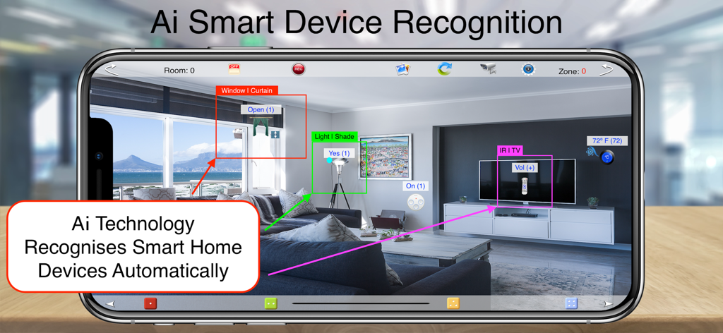 HOS Smart Home IP Control - HOS Smart Home app using AI technology to automatically recognize and label smart devices in a living room