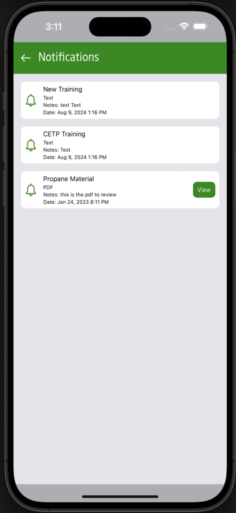 Notifications screen in the PERC App showing alerts for new training and propane industry materials.