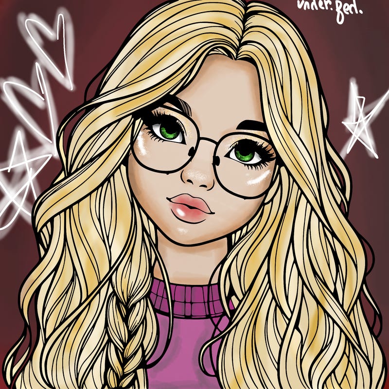 girl with long hair and freckles and glasses realistic