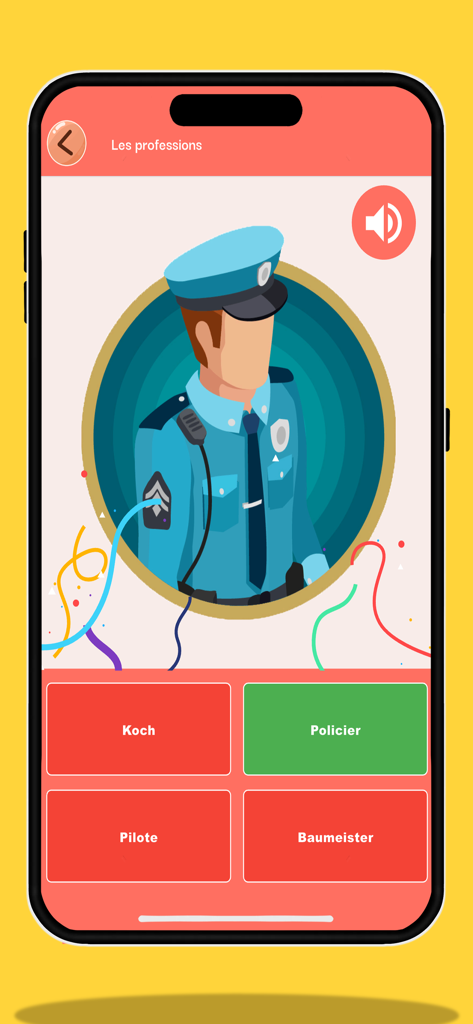 Un cuestionario para niños en la aplicación Francés para Niños que muestra un oficial de policía y opciones de vocabulario.