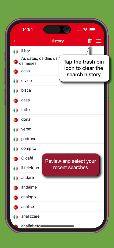 The search history screen of the Hoepli Portuguese Italian dictionary app showing recent searches and a clear history option.
