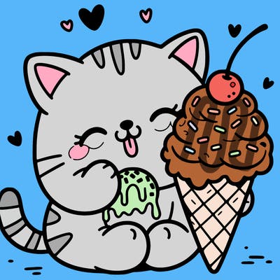 a cat eating an ice cream cone with sprinkles and whipped cream with a cherry on top