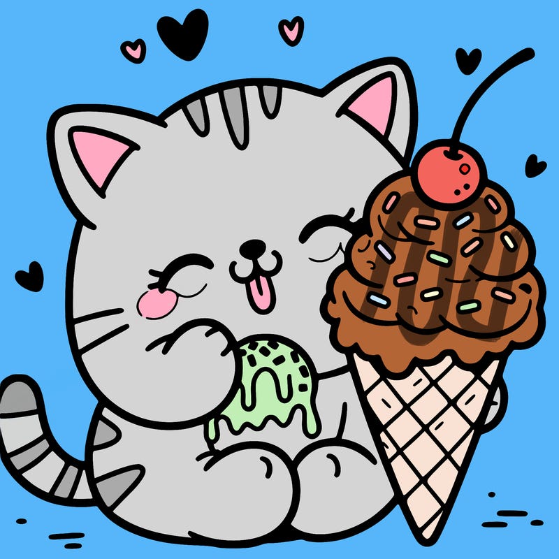 a cat eating an ice cream cone with sprinkles and whipped cream with a cherry on top
