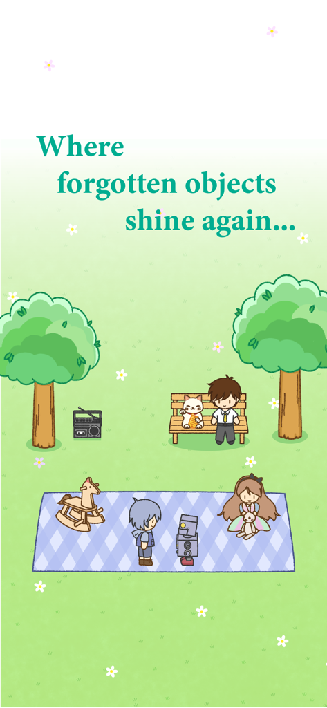 Treasure Flea Market: Cozy Sim - 草地の上でキャラクターやオブジェクトが登場するかわいい2Dアートシーン。忘れられたオブジェクトが輝く場所というテキストが表示されています。