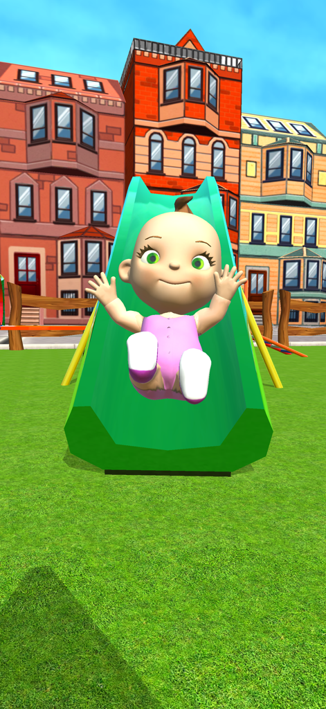 My Baby Babsy - Playground Fun - Baby Babsy sliding down a green slide in a virtual playground.