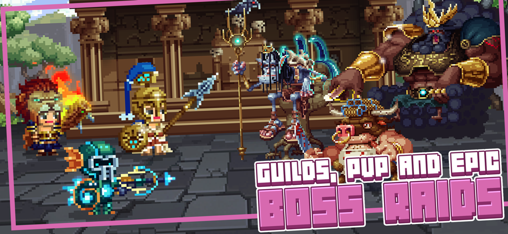 Pixel art characters and massive bosses in Bit Heroes Quest with text for guilds pvp and epic boss raids
