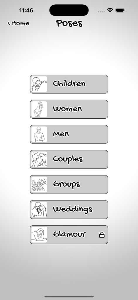 Posing App - Hauptmenü der Posing App mit Kategorien für Kinder, Frauen, Männer, Paare, Gruppen und Hochzeiten mit handgezeichneten Illustrationen.