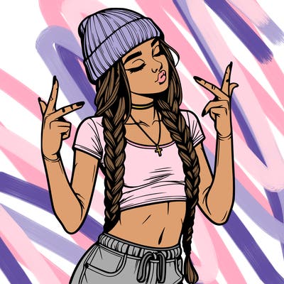 realistic teenage girl with braids and a beanie and crop top doing 🫶🏼