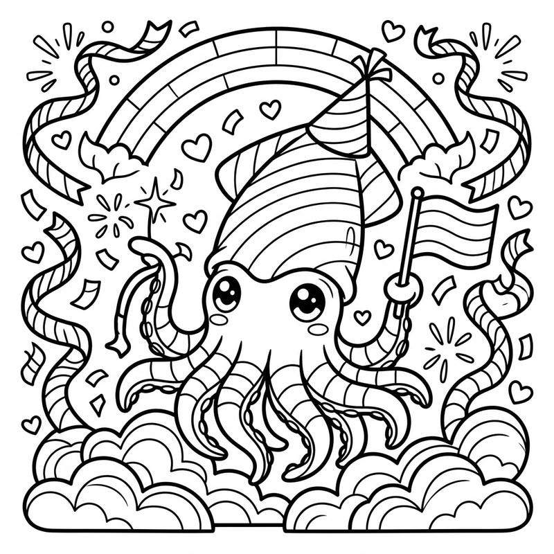 Get ready to splash vibrant colors onto our delightful European Squid, celebrating Pride Month with immense joy! This unique coloring page blends marine charm with festive enthusiasm, perfect for honoring diversity and love.