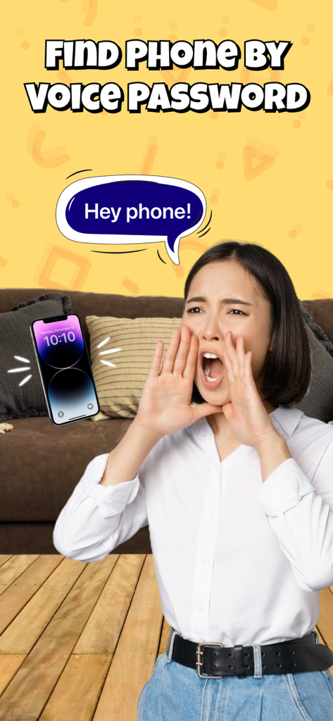 Find My Phone By Clap & Alarm - ボイスパスワード機能を使って失くしたスマートフォンを見つけるために「ヘイ、フォン」と叫んでいる女性の写真