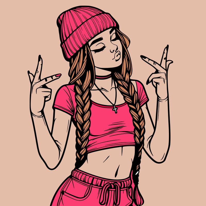 realistic teenage girl with braids and a beanie and crop top doing 🫶🏼