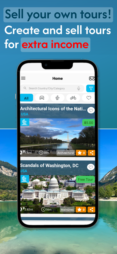 UCPlaces | Your tour guide app - UCPlaces mobile App-Oberfläche zeigt selbstgeführte Audiotouren und ein Banner zum Erstellen und Verkaufen von Touren für zusätzliches Einkommen