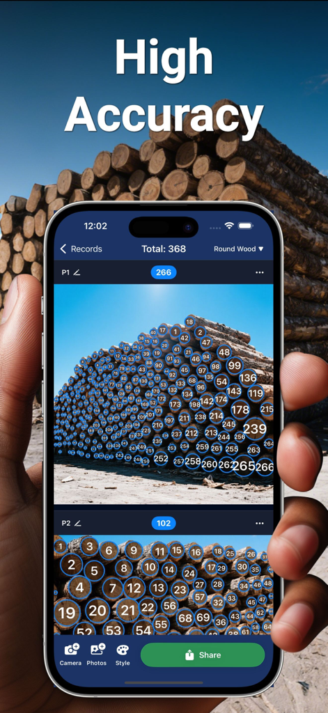 Count Things: Photo Counting - Smartphone screen showing CountAI app counting hundreds of wood logs with high accuracy