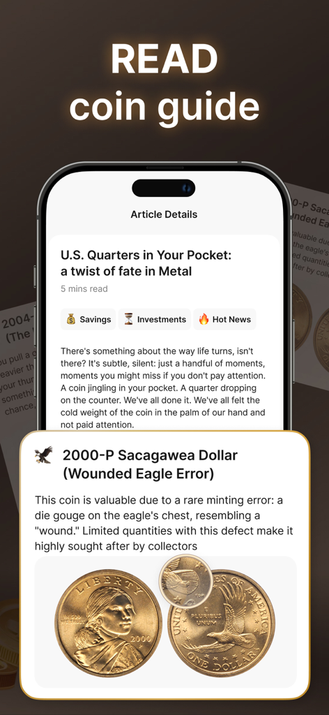 Función de guía de monedas en la aplicación Identificador de Monedas que muestra un artículo sobre los cuartos de dólar de EE. UU. y detalles sobre un raro error de moneda Sacagawea Dollar Wounded Eagle