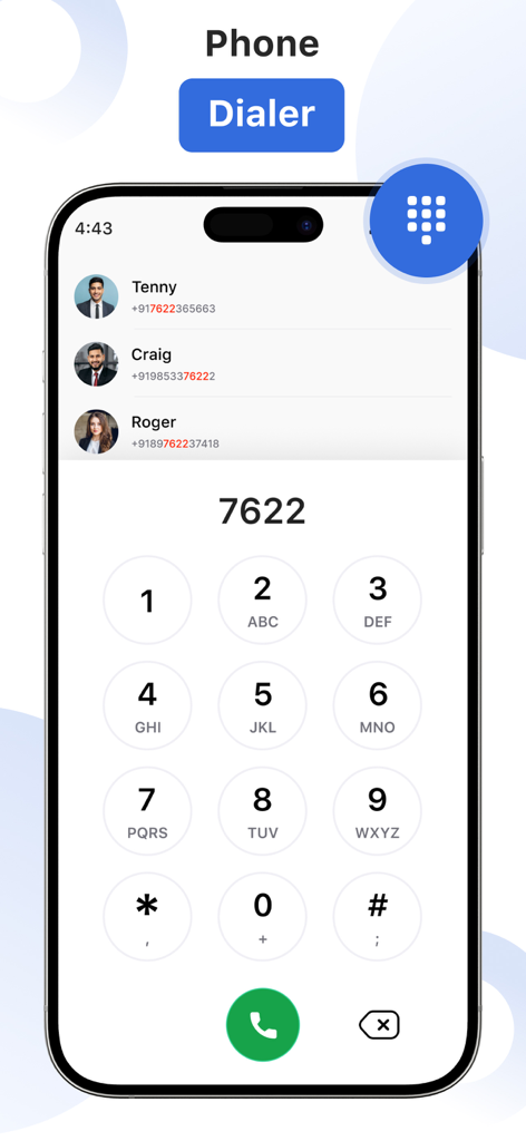 CallApp - Caller ID & Block - A smartphone screen displaying the CallApp smart dialer with a T9 keypad and a filtered list of contacts.