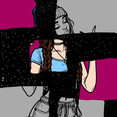 realistic teenage girl with braids and a beanie and crop top doing 🫶🏼