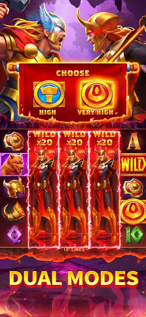 Bravo Casino-Slots Games - Slot machine di Bravo Casino con tema mitologia norrena con personaggi Thor e Loki e una schermata di selezione modalità duale.
