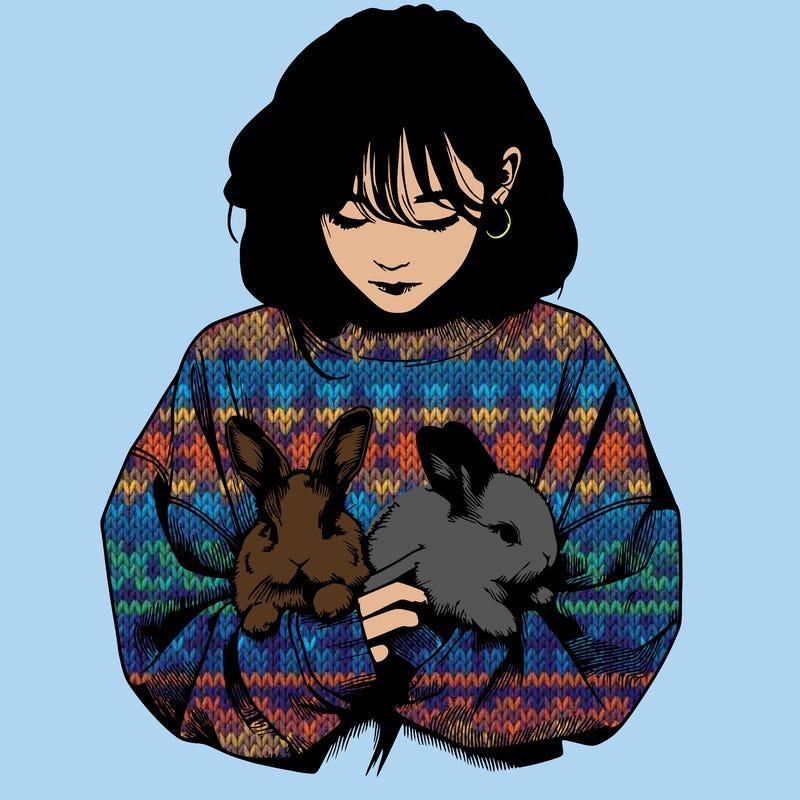 realistic girl with messy bunny baggy sweatshirt and holding bunnies