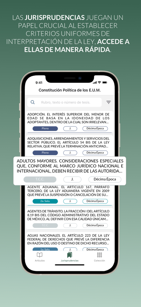 Constitución México - Interfaz de la aplicación Constitución de México que muestra resultados de búsqueda de jurisprudencia legal en un teléfono móvil.