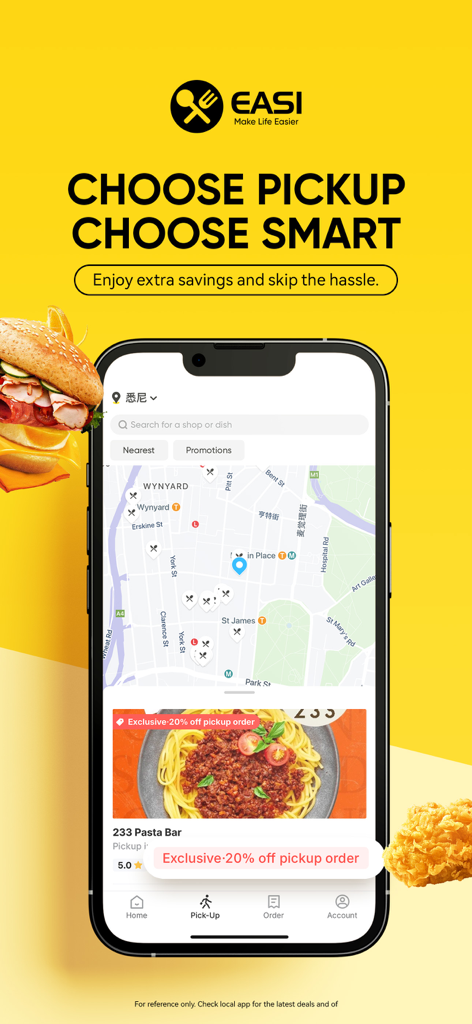 EASI Asian Food Delivery - EASI Asian Food Delivery app interface showing pickup restaurant options on a map and an exclusive 20 percent discount offer.