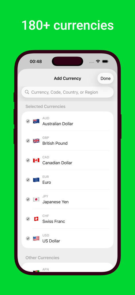 Money Converter - Cashmate - Interfaz de la aplicación Cashmate mostrando una lista de divisas seleccionadas como Dólar Australiano, Libra Británica y Euro.