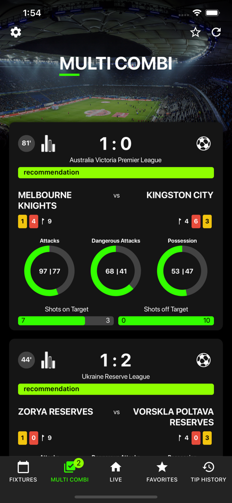 1x2LiveTip - Real-time soccer match statistics and betting recommendations on the 1x2LiveTip mobile app