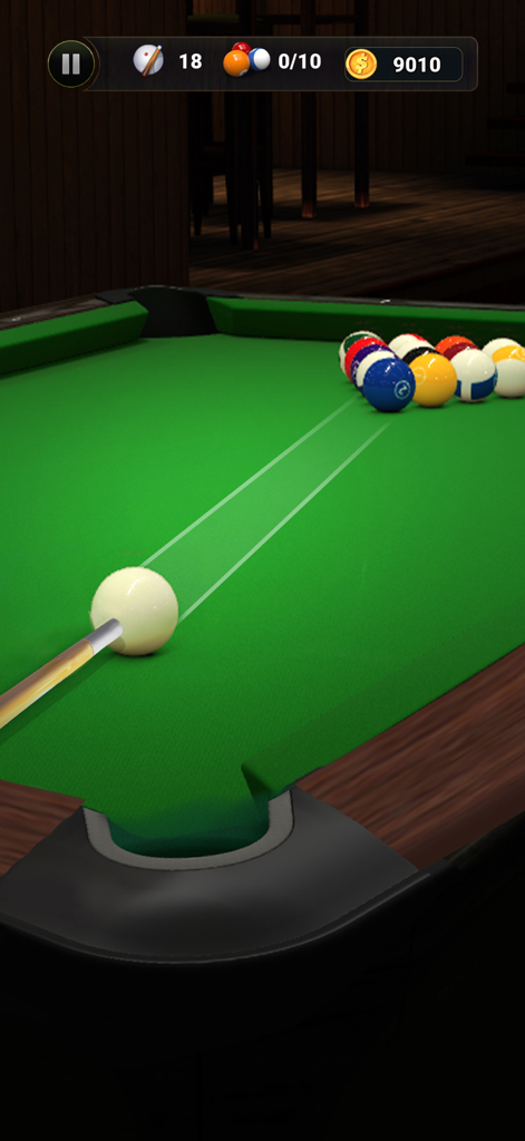 8 Pool Master - Aiming a shot in 8 Pool Master with realistic physics and trajectory lines on a green pool table