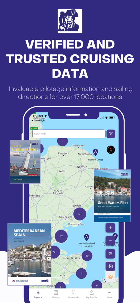 Interface do aplicativo Explore with Imray mostrando um mapa costeiro com dados de cruzeiro verificados e capas de livros de pilotagem náutica