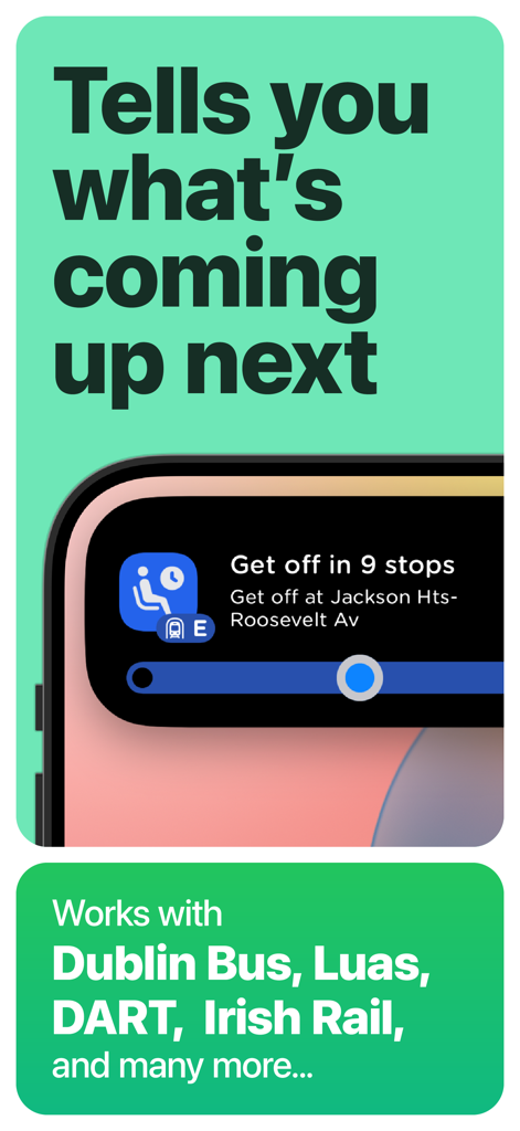 Dublin Bus & DART Times - iPhone displaying a Get Off Alert notification for Dublin Bus and DART transit