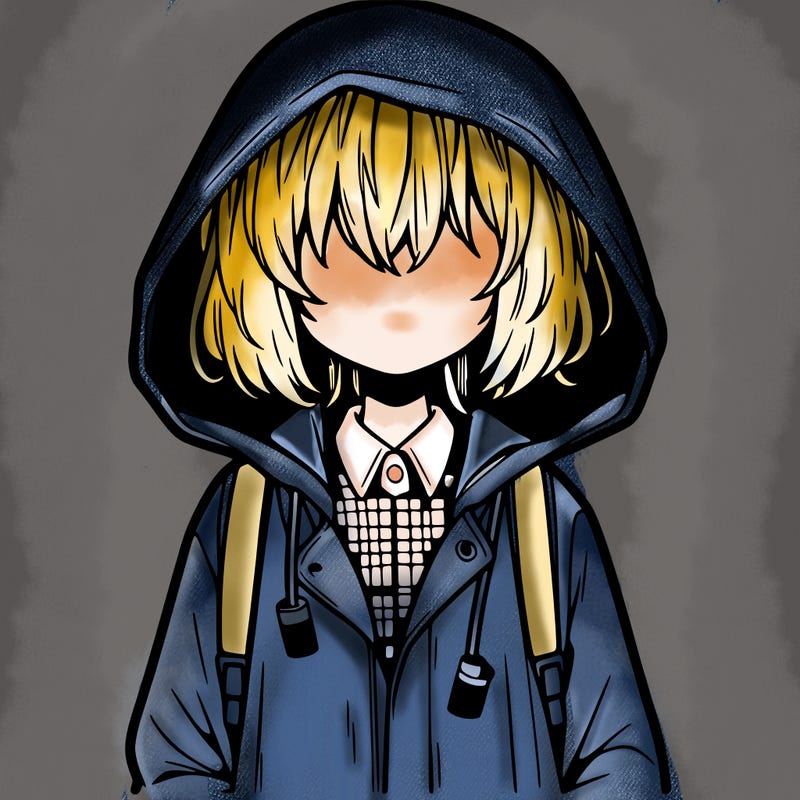 little anime girl in a raincoat her hair is covering her eyes she has a lighter