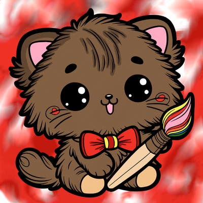 an adorable fluffy kitten holding a paintbrush